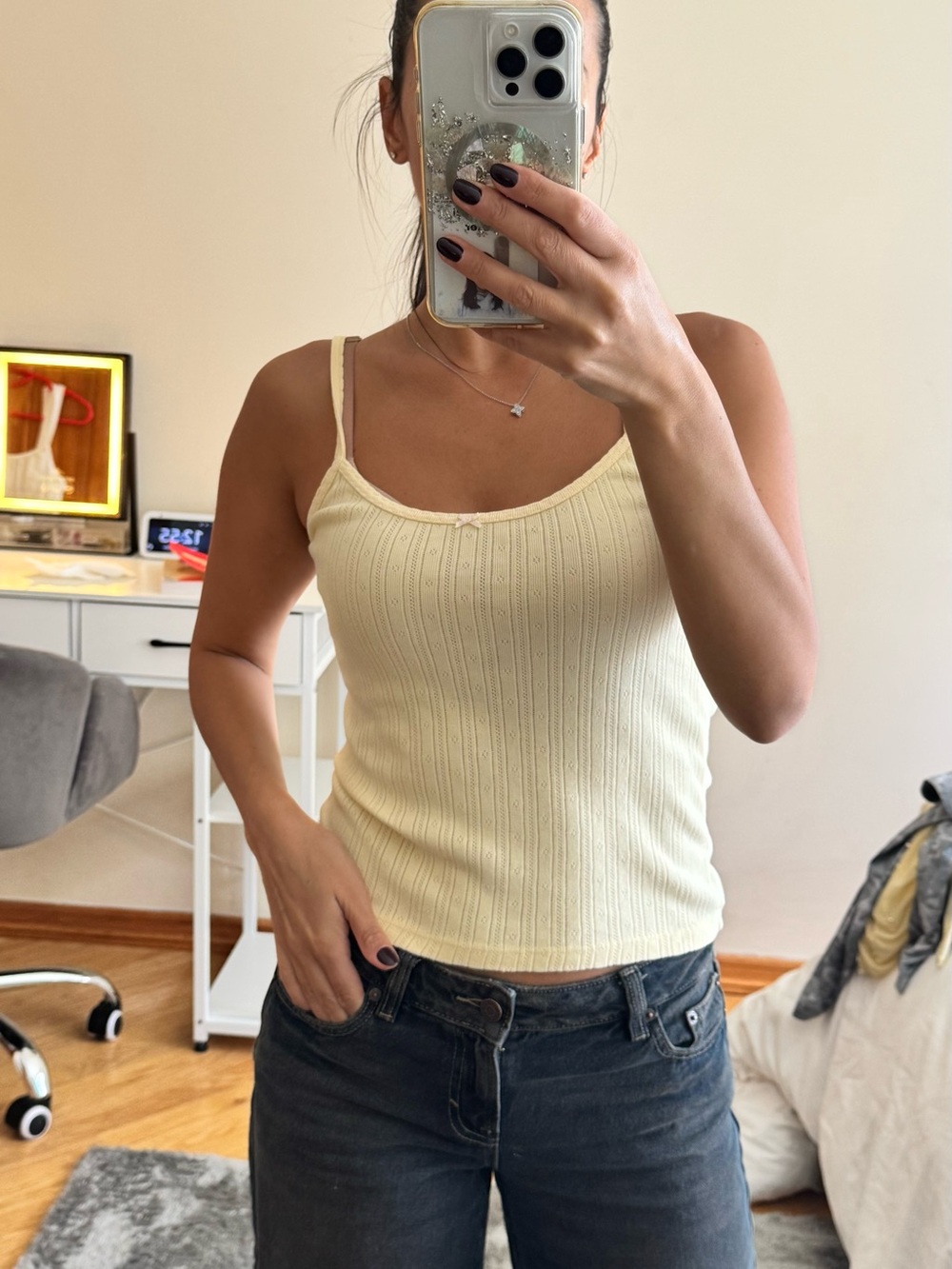 Brandy Melville Pale Yellow Ribbed Eyelet-Trim Camisole